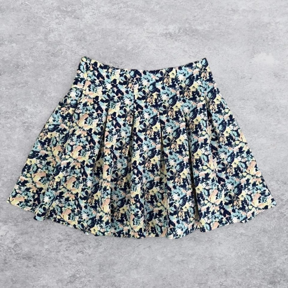 Lowrys Farm JAPAN Abstract Floral Pleated Mini Skirt Navy Blue Teal Yellow